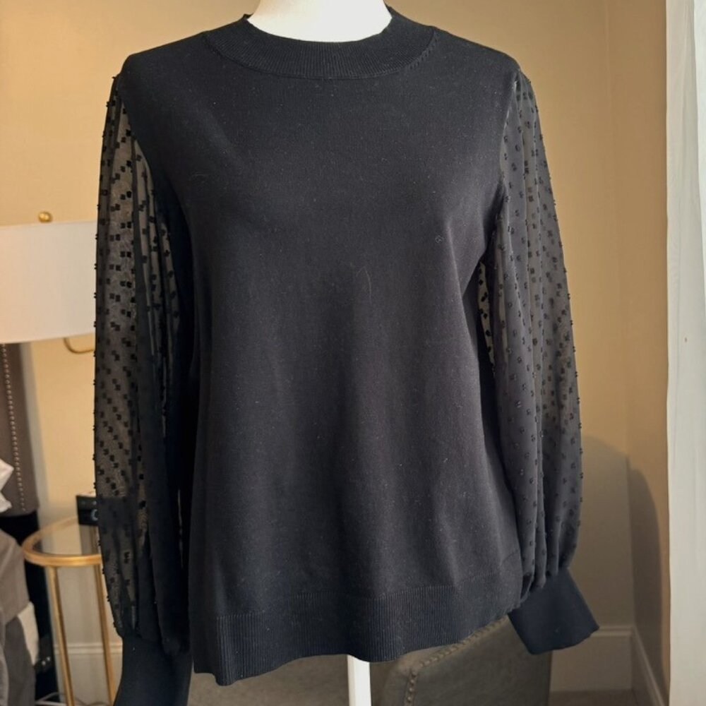 CeCe Black Clip Dot Sleeve Sweater Sheer Polka Dot Sleeve Blouse - Size L